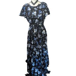 Tommy Hilfiger Black Blue Floral Flutter Sleeve Belted Maxi Dress 10